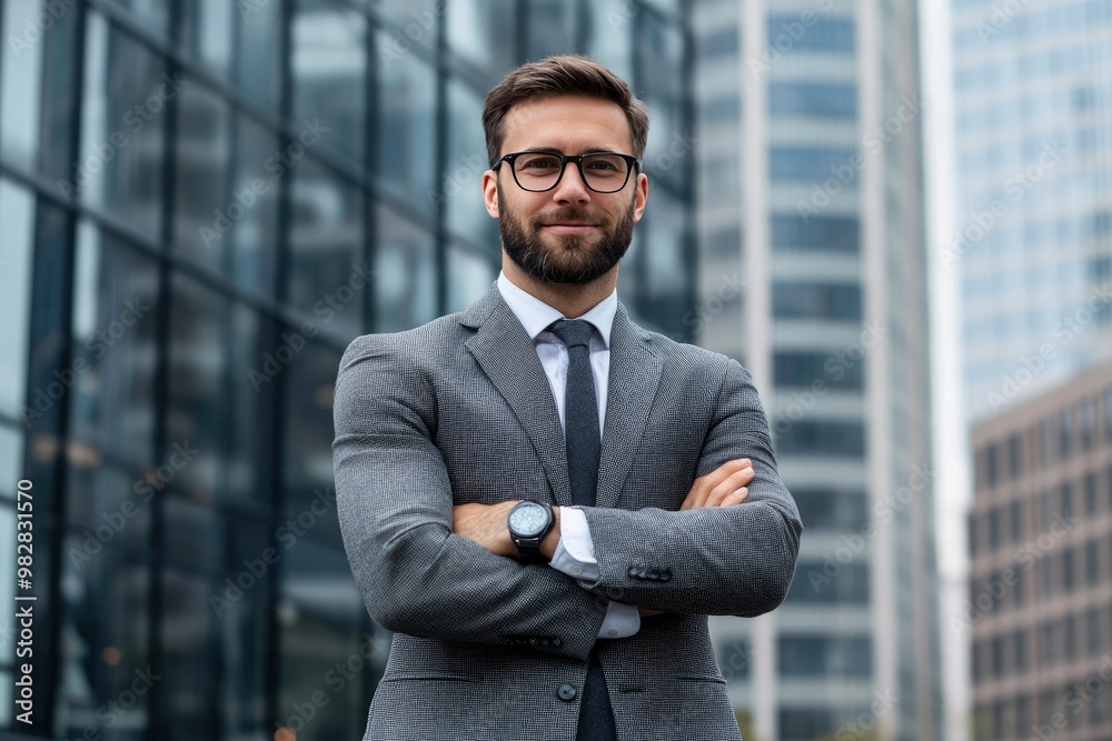 Handsome 30s top manager portrait in formal suit. Successful entrepreneur look camera. Confident business man smile. Young male businessman face. Urban city background. 40s employee work, ai Handsome 30s top manager portrait in formal suit. Successful entrepreneur look camera. Confident business man smile. Young male businessman face. Urban city background. 40s employee work, ai