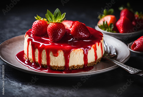 The close up details of a delicious fresh strawberry tart dessert topped with spring mint leaves and strawberry photo