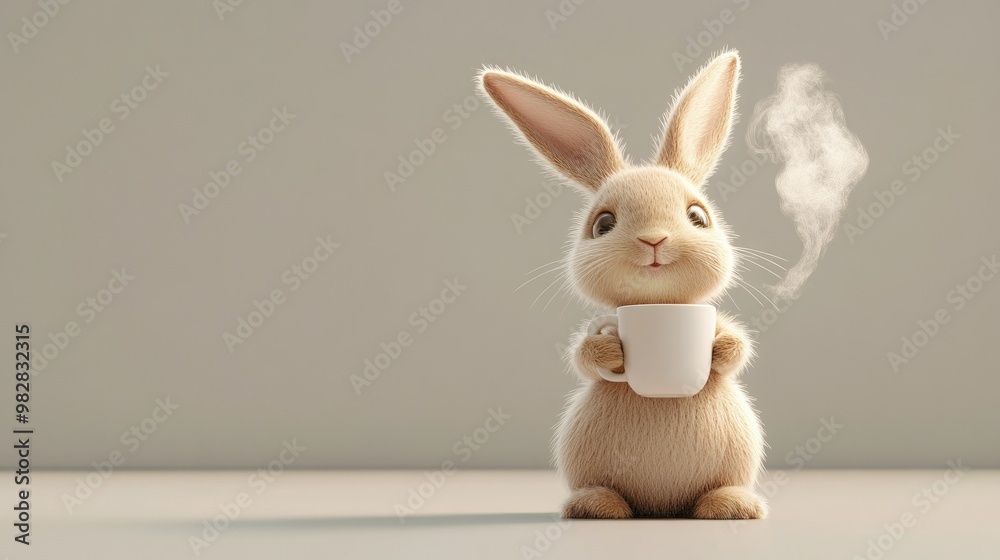 A playful 3D-rendered rabbit holding a coffee cup with steam rising, set against a simple background with room for copy