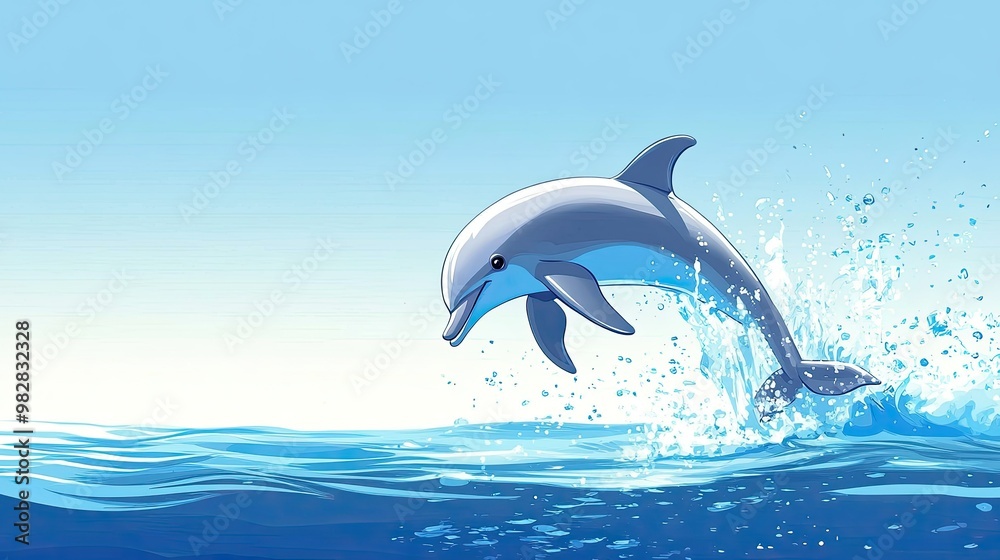Fototapeta premium A playful cartoon dolphin jumping out of the ocean, creating a splash. Clear blue sky with copy space