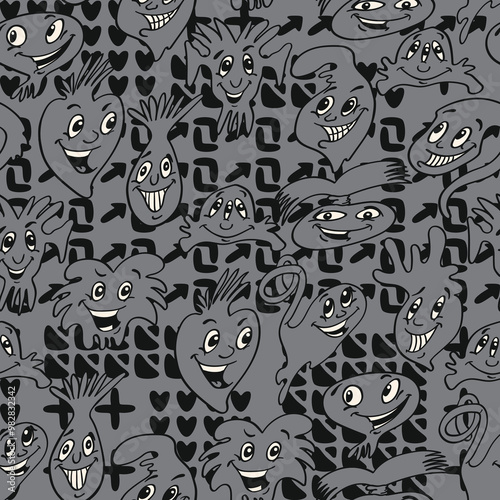 Seamless background with funny faces of anthropomorphic creatures. Humorous characters with different emotions