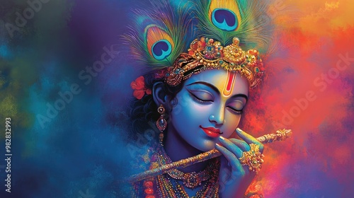 A vibrant depiction of Lord Krishna in a traditional pose with a peacock feather crown, leaving room for copy on the side