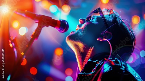 Singer performing on stage with colorful lights