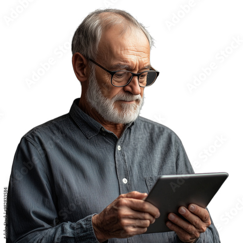 Elderly man using a digital tablet, wearing glasses, isolated against a transparent background