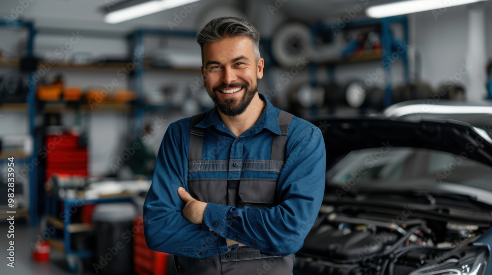 Smiling mechanic standing confidently in an auto repair workshop, with cars and tools in the background, showcasing professionalism. Smiling mechanic standing confidently in an auto repair workshop, with cars and tools in the background, showcasing professionalism.