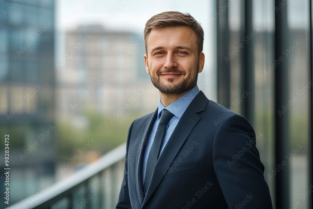 Handsome 30s top manager portrait in formal suit. Successful entrepreneur look camera. Confident business man smile. Young male businessman face. Urban city background. 40s employee work, ai Handsome 30s top manager portrait in formal suit. Successful entrepreneur look camera. Confident business man smile. Young male businessman face. Urban city background. 40s employee work, ai
