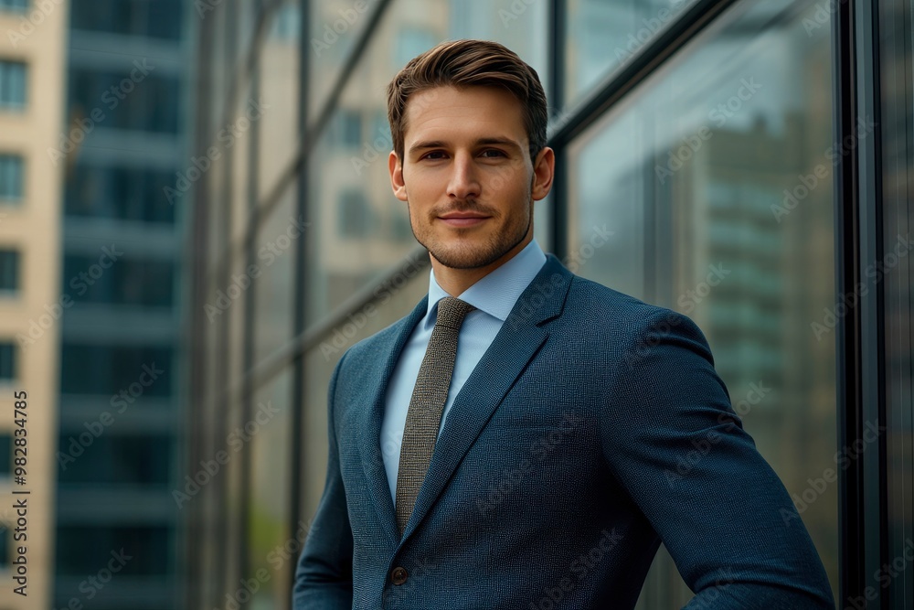 Handsome 30s top manager portrait in formal suit. Successful entrepreneur look camera. Confident business man smile. Young male businessman face. Urban city background. 40s employee work, ai Handsome 30s top manager portrait in formal suit. Successful entrepreneur look camera. Confident business man smile. Young male businessman face. Urban city background. 40s employee work, ai