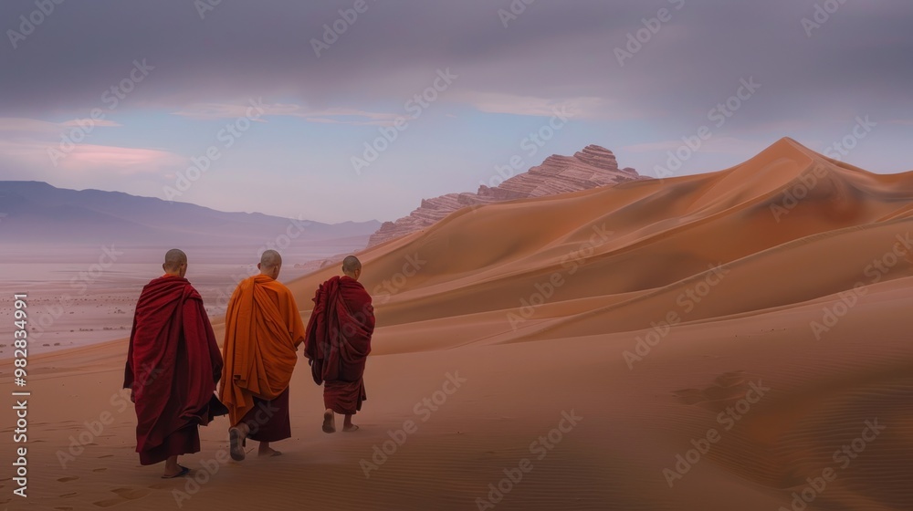 Obraz premium Three Buddhist monks walking across a serene desert landscape under an overcast sky, with distant mountains and sand dunes surrounding them - AI Generated Digital Art.