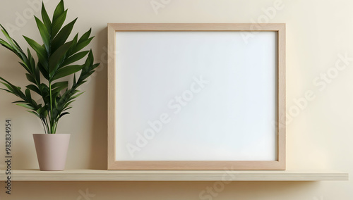 Blank Canvas Frame on Shelf with Plant - Interior Design Mockup