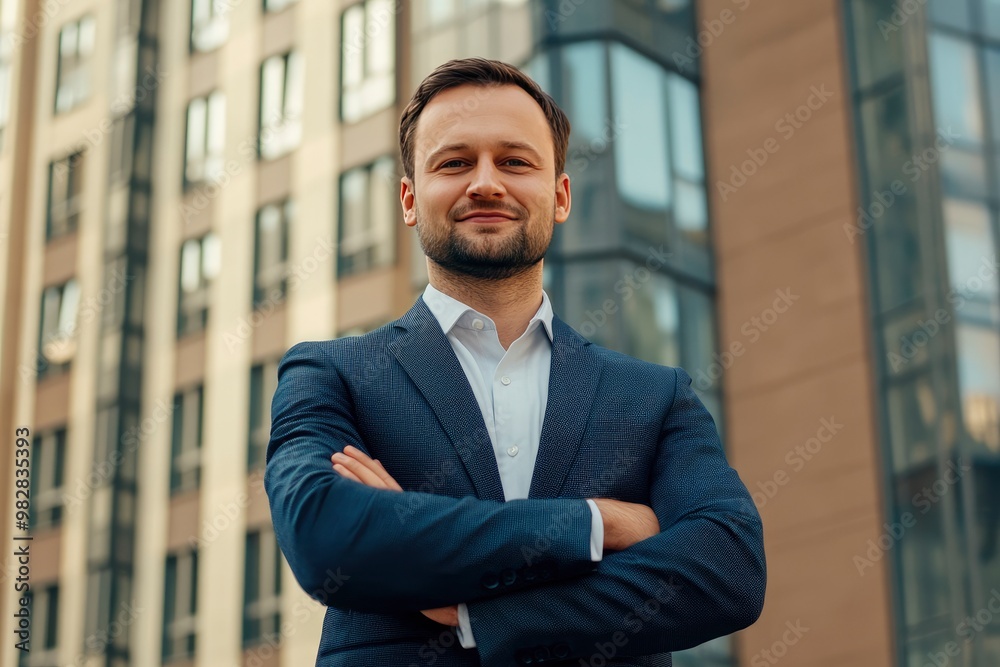 Handsome 30s top manager portrait in formal suit. Successful entrepreneur look camera. Confident business man smile. Young male businessman face. Urban city background. 40s employee work, ai Handsome 30s top manager portrait in formal suit. Successful entrepreneur look camera. Confident business man smile. Young male businessman face. Urban city background. 40s employee work, ai