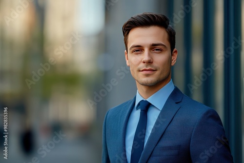 Handsome 30s top manager portrait in formal suit. Successful entrepreneur look camera. Confident business man smile. Young male businessman face. Urban city background. 40s employee work, ai