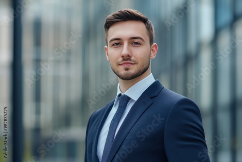 Handsome 30s top manager portrait in formal suit. Successful entrepreneur look camera. Confident business man smile. Young male businessman face. Urban city background. 40s employee work, ai