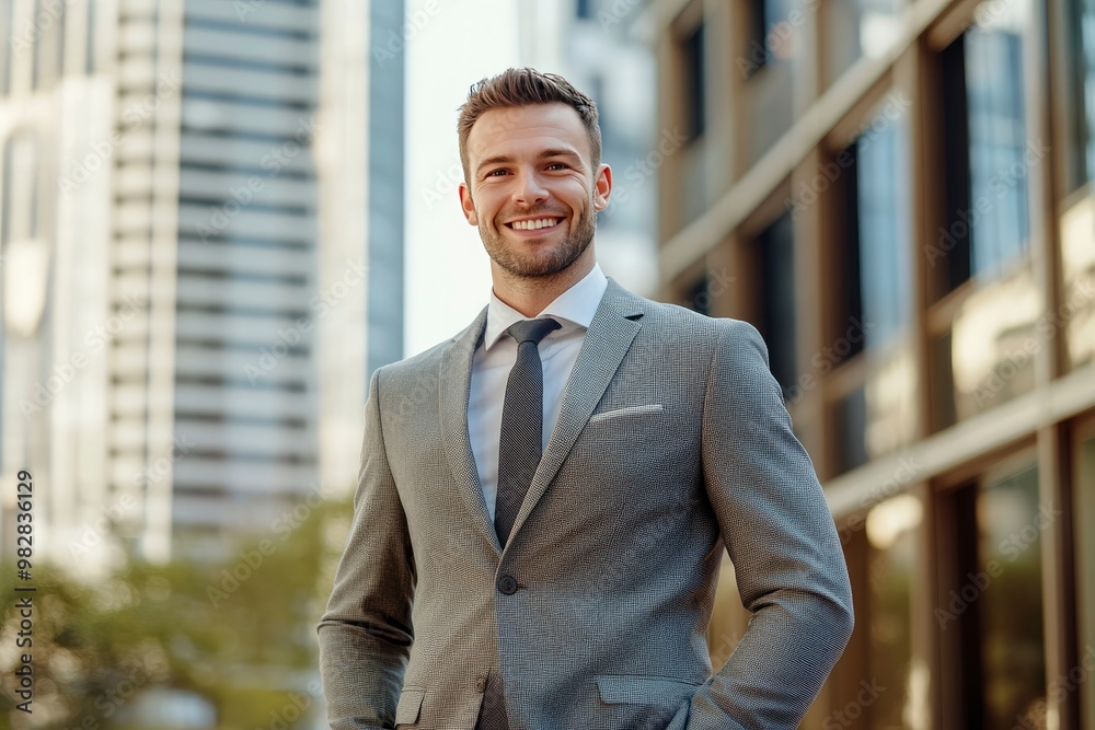 Handsome 30s top manager portrait in formal suit. Successful entrepreneur look camera. Confident business man smile. Young male businessman face. Urban city background. 40s employee work, ai Handsome 30s top manager portrait in formal suit. Successful entrepreneur look camera. Confident business man smile. Young male businessman face. Urban city background. 40s employee work, ai