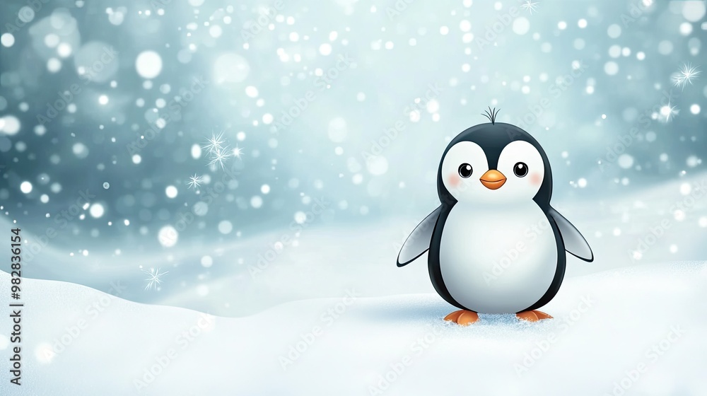 Fototapeta premium Cute cartoon penguin waddling in the snow with space for text in the background
