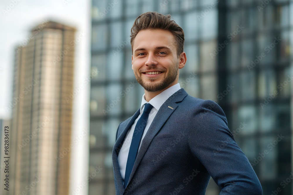 Fototapeta premium Handsome 30s top manager portrait in formal suit. Successful entrepreneur look camera. Confident business man smile. Young male businessman face. Urban city background. 40s employee work, ai