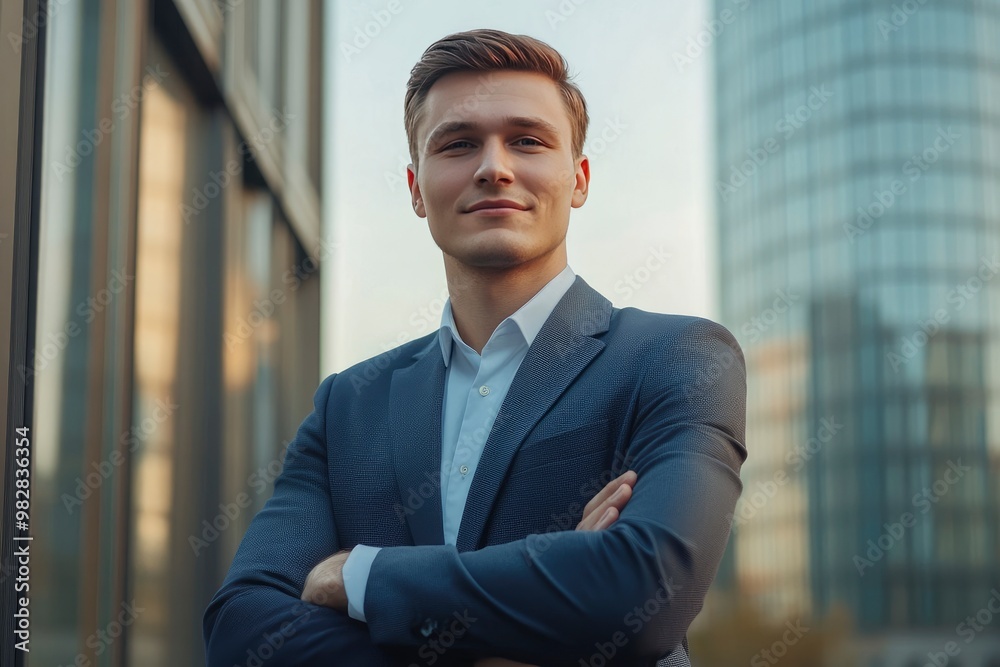 Handsome 30s top manager portrait in formal suit. Successful entrepreneur look camera. Confident business man smile. Young male businessman face. Urban city background. 40s employee work, ai Handsome 30s top manager portrait in formal suit. Successful entrepreneur look camera. Confident business man smile. Young male businessman face. Urban city background. 40s employee work, ai