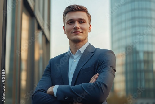 Handsome 30s top manager portrait in formal suit. Successful entrepreneur look camera. Confident business man smile. Young male businessman face. Urban city background. 40s employee work, ai