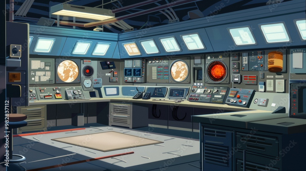 Futuristic Control Room with Advanced Technology Displays and Instrumentation Futuristic Control Room with Advanced Technology Displays and Instrumentation