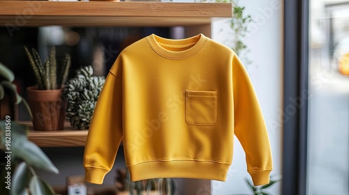 Stylish Yellow Sweatshirt on Wooden Shelf: Perfect Poster for Sports Interior, Showcasing Relaxed Fit, Large Pocket, Lightweight Fabric & Trendy Rounded Neckline! photo