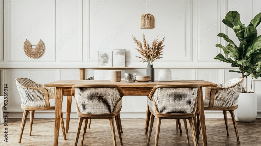 A cozy dining room with modern chairs, a wooden table, and decorative elements, providing space for text