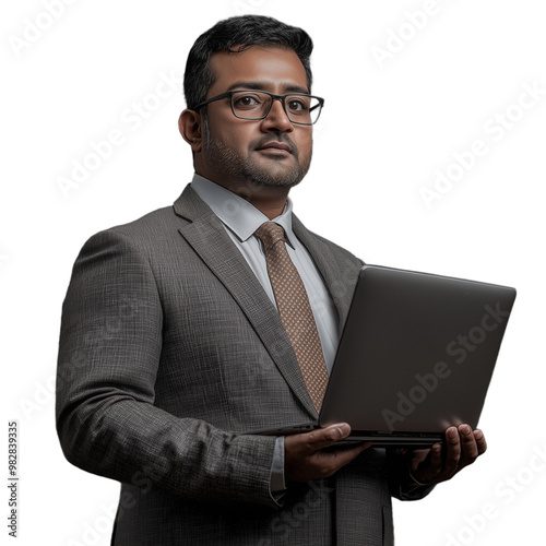 Businessman holding a laptop, wearing glasses and a suit, isolated against a transparent background