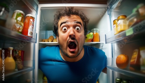 Man standing inside open refrigerator He is wearing Extreme close-up of