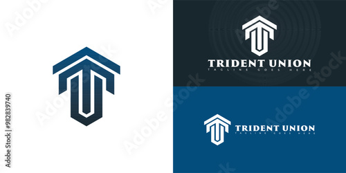 Modern hexagon vector initial letter TU or UT logo in blue color isolated on black background colors. The logo is suitable for property developer logo design inspiration templates.