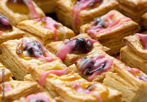 Sweet and savory bakery products with ingredients such as: coconut, flour, cherry, puff pastry, cheese, chocolate, dulce de leche, icing sugar, pastry cream.