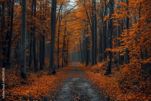 Photograph path through forest during autumn trees either in