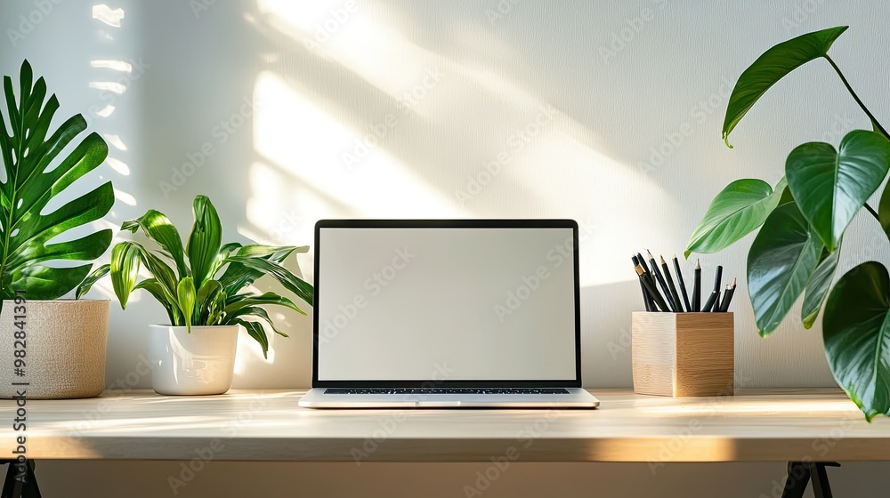 A minimalist home office with a clean desk, laptop, and plants, offering plenty of space for copy or text A minimalist home office with a clean desk, laptop, and plants, offering plenty of space for copy or text