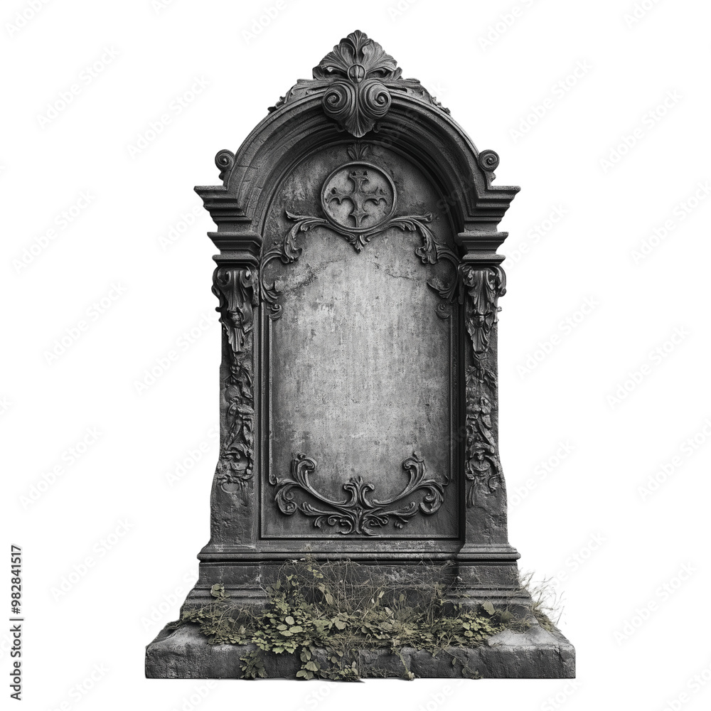 Gothic Style Stone Tombstone with Elaborate Details and Weathered Finish, Transparent Background