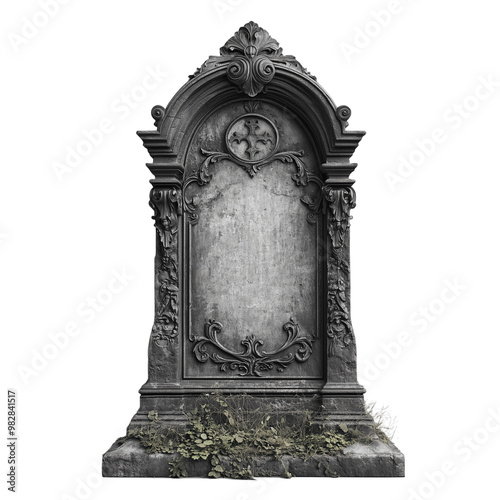 Obraz na płótnie Gothic Style Stone Tombstone with Elaborate Details and Weathered Finish, Transparent Background w salonie