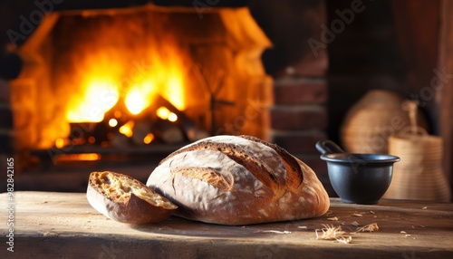 Freshly baked artisanal bread beautifully arranged on a rustic kitchen countertop setting