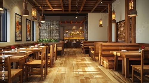 A spacious and stylish South Asian restaurant with wooden furniture, with ample space for copy or text