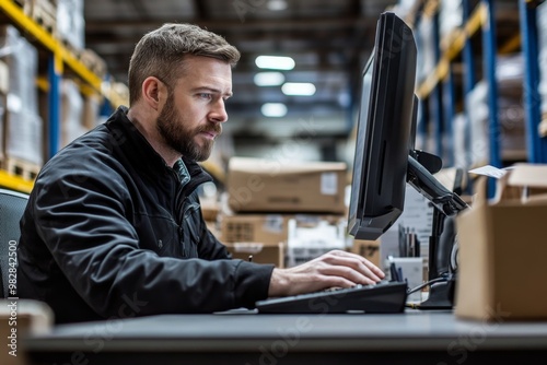 This image we can see man sitting desk The logistics manager examines