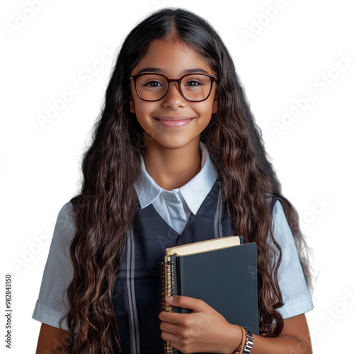 Smiling young girl wearing glasses and holding a book, isolated against a transparent background