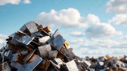 Heap of scrap metal ready for recovery, industrial recycling plant, 3D illustration