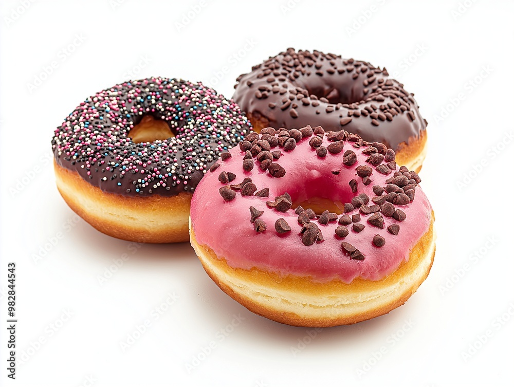 Colorful doughnuts with glaze and sprinkles isolated on background Colorful doughnuts with glaze and sprinkles isolated on background