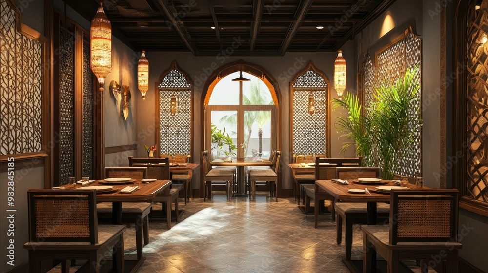 Fototapeta premium An elegantly decorated South Asian restaurant with empty tables, providing space for text or promotional content