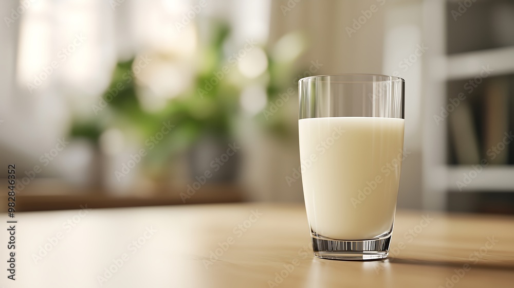 A glass of milk placed on a dining table, with the smooth, white liquid contrasting against the clear glass. The table is simple, with subtle details visible in the background. A glass of milk placed on a dining table, with the smooth, white liquid contrasting against the clear glass. The table is simple, with subtle details visible in the background.