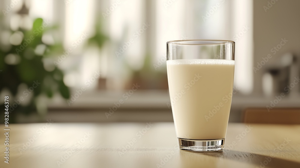 A glass of milk placed on a dining table, with the smooth, white liquid contrasting against the clear glass. The table is simple, with subtle details visible in the background. A glass of milk placed on a dining table, with the smooth, white liquid contrasting against the clear glass. The table is simple, with subtle details visible in the background.