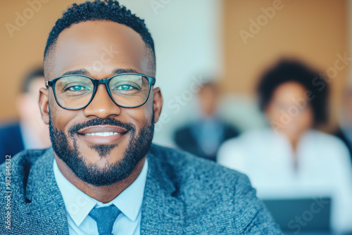 A confident businessman smiles for the camera during a meeting.