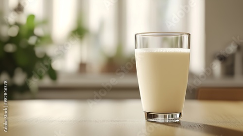 A glass of milk placed on a dining table, with the smooth, white liquid contrasting against the clear glass. The table is simple, with subtle details visible in the background. 