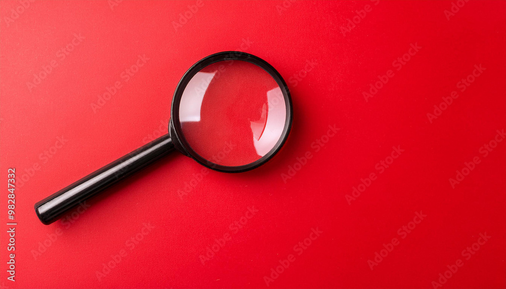 Magnifying glass on red background. Flat lay. Top view. Close-up. Magnifying glass on red background. Flat lay. Top view. Close-up.