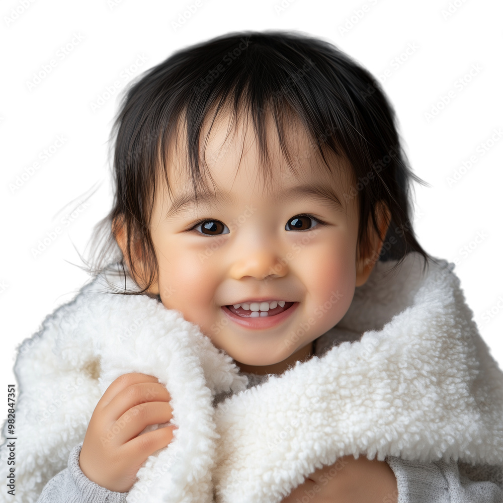Happy baby in a fluffy white sweater, smiling, isolated against a transparent background Happy baby in a fluffy white sweater, smiling, isolated against a transparent background