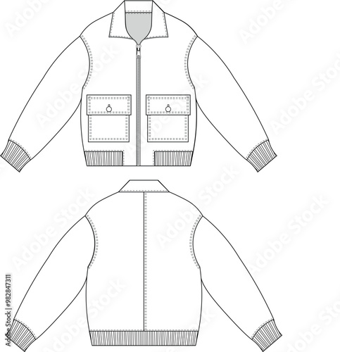 long sleeve ribbed hem ribbed cuff zippered collared slouchy jacket overcoat outerwear coat  template technical drawing flat sketch cad mockup fashion woman man child design style model

