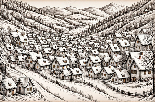 A picturesque snowy village with quaint houses in a serene landscape.