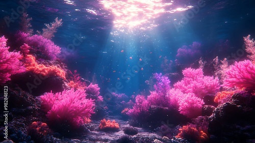 A colorful underwater scene featuring vivid pink and orange coral reefs illuminated by sunrays penetrating the ocean surface.