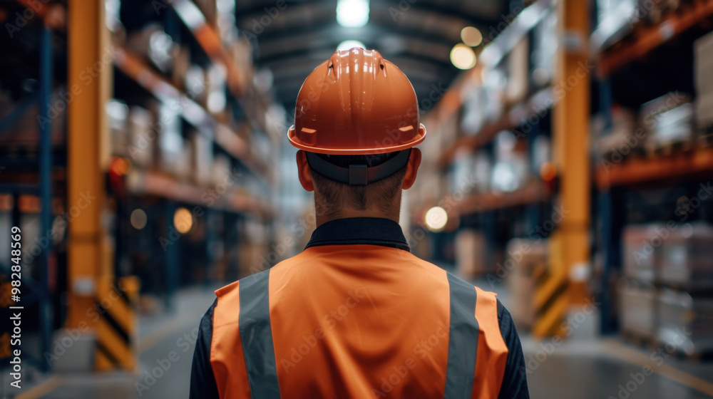 Rear view of a worker in a safety helmet and vest standing inside a large warehouse, looking down the aisle of shelves. Rear view of a worker in a safety helmet and vest standing inside a large warehouse, looking down the aisle of shelves.