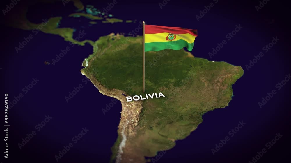 The Flag of Bolivia on the World Map, Bolivia map with flag 3d animation